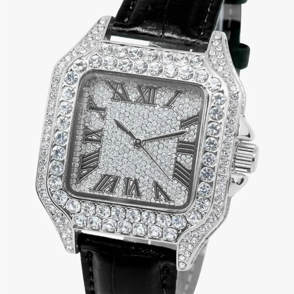 Bust Down Iced Out Hip Hop Watch Black Silicone Strap VVS Diamond Shine Bling